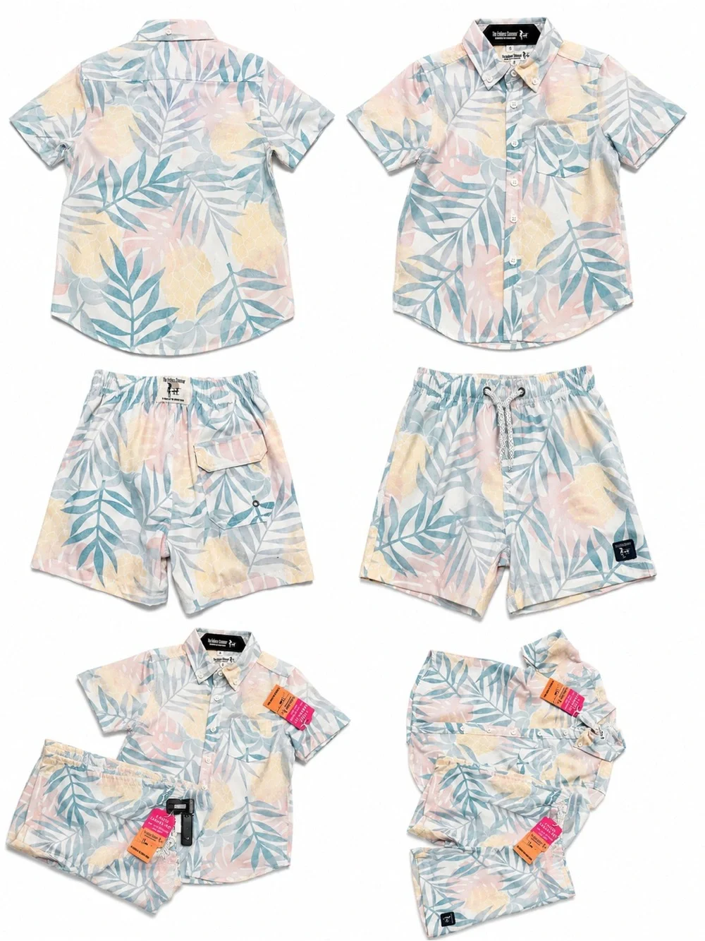 Kids Tropical Leaf Short Pajama Set - Pastel Blue & Pink